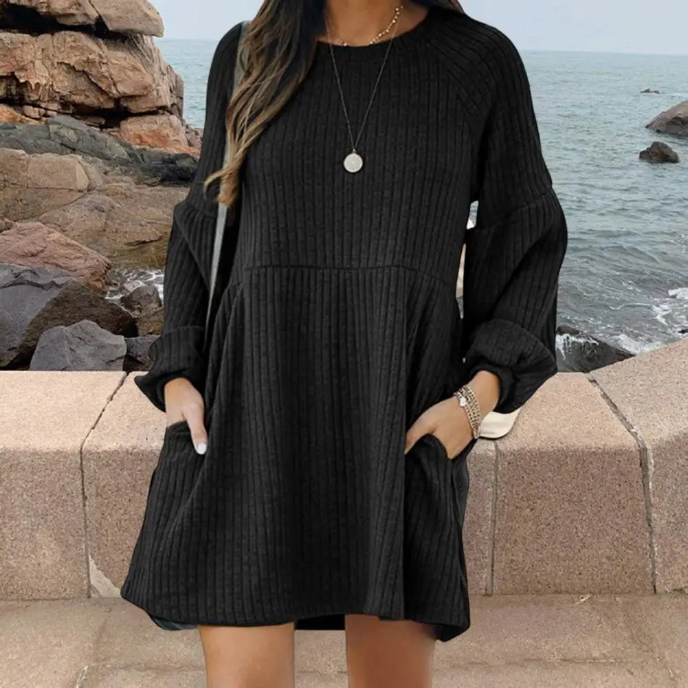 

Women Sweater Dress O-Neck Lantern Long Sleeves Loose Hem Knitting Autumn Winter Solid Color A-Line Mini Dress Female Clothing