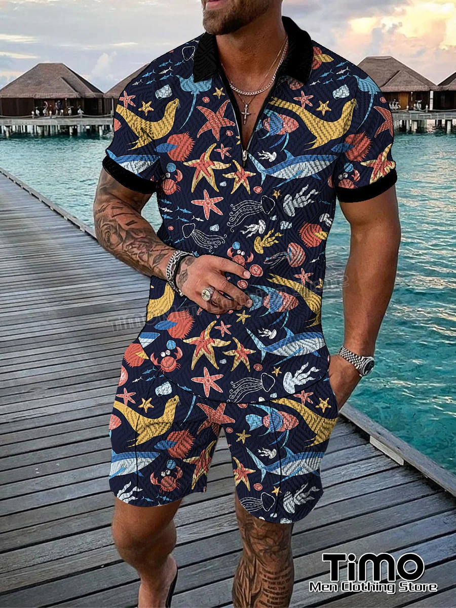 2023 Men New Sportswear Set Summer Fashion Casual Street Polo Collar Pullover+Shorts 2 Piece Men's Jogging Short Sleeve Set