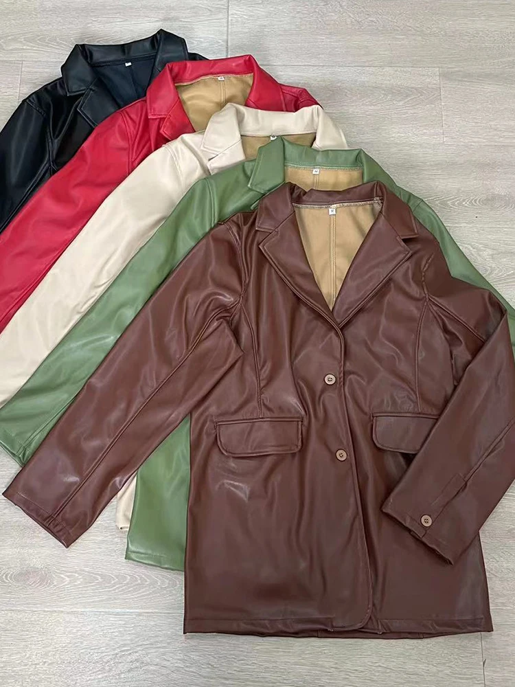 Women PU Faux Leather Blazers Single Breasted Vintage Long Sleeve Pockets Loose Jackets Ladies New Coats Female Suit Outerwears