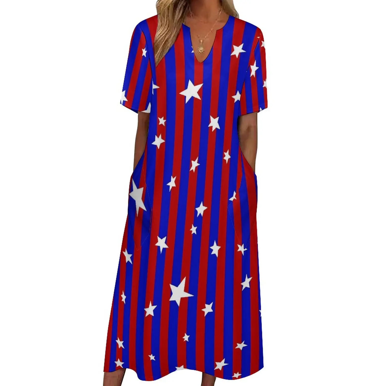 

Stars And Striped Dress Spring Red And Blue Korean Fashion Bohemia Long Dresses Women Design Vintage Maxi Dress 3XL 4XL 5XL