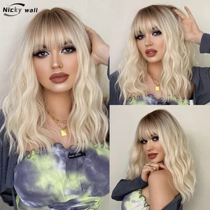 Imported Light Blonde Short Curly Hair Women Wig with Bangs Synthetic Wavy Wig Daily Use Heat Resistant Fiber