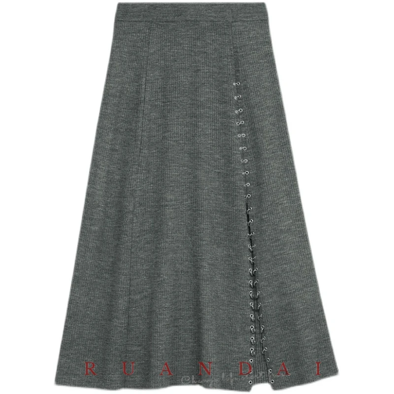 Wool Solid Color A-line Skirt for MAJE 2022 Spring and Autumn New High-waisted Side Ring Buckle Slit Rib Knit Long Skirt Women