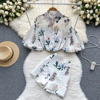 woman print shorts suits vintage lantern sleeve chiffon blouse shirt and short pants suit two pieces set female casual outfits