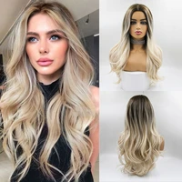 long wavy ombre brown blonde synthetic wigs middle part natural wig heat resistant synthetic wigs for cosplay daily hair wigs