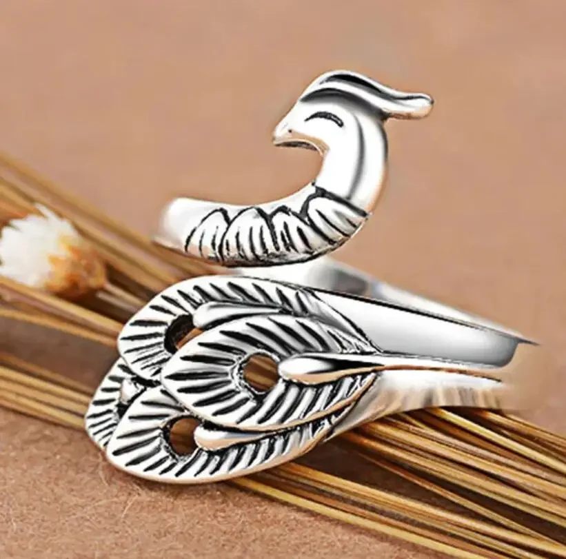 Винтажное модное серебряное простое кольцо с гравировкой в виде павлина для