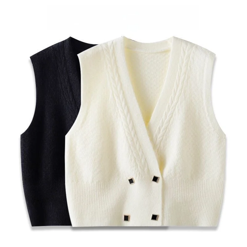 Новый осенне-зимний двубортный вязаный кардиган жилет женский дизайн однотонный