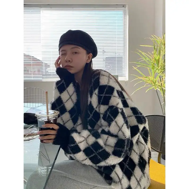 

2023 клетчатые кардиганы на пуговицах с длинным рукавом, свободные женские свитера в Корейском стиле, зимний осенний свитер, повседневные Модные топы X179
