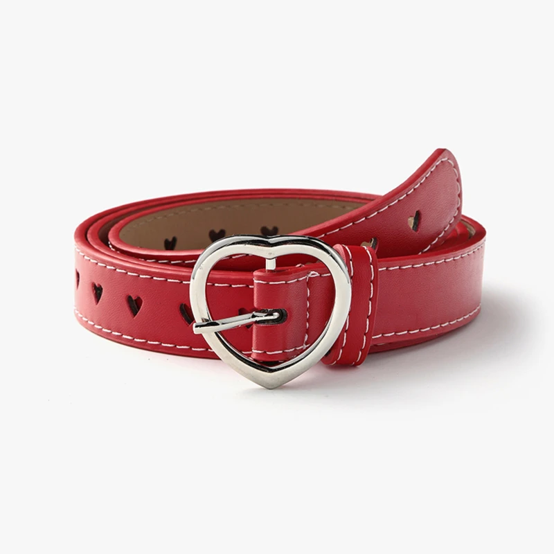 

Women's Faux Leather Belt Cute Peach Heart Buckle Belts For Girls Solid Waistband Love Heart Eyelet Grommet Waist Belt 110*2.3cm