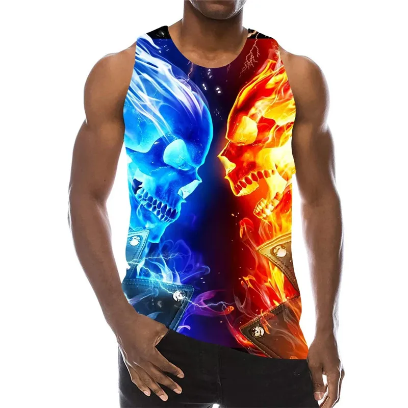 

Men's Skull Graphic Tanks Summer Sleeveless Flame Skeleton 3D Printed Male Street Vest Horror Style Tank Tops Plus Size 6XL