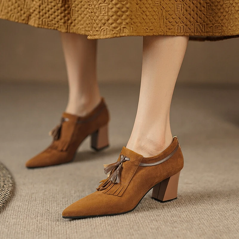 2023 Spring Women's Pumps Sheep Suede High Heels Pointed Toe Chunky Heel Shoes for Women Solid Mary Janes Tassel Handmade Shoes