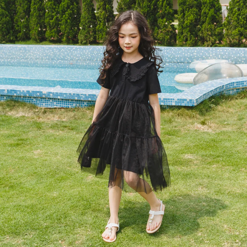 

2023 Summer New Girls Mesh Dresses Children Black Doll Collar Short Sleeve Kids Cute Princess Dress, #7362