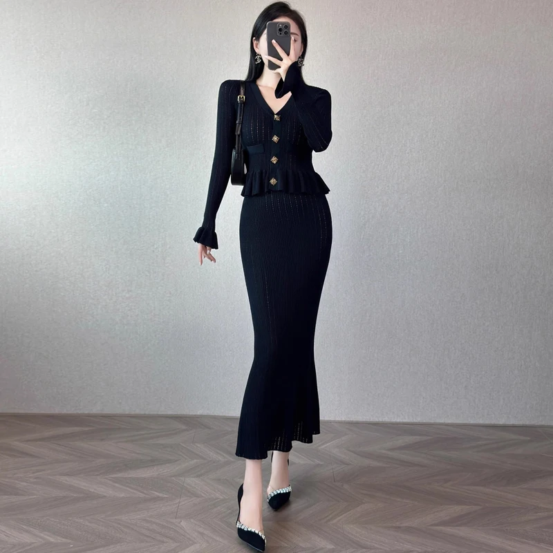 YuooMuoo Роскошное Вязаное Платье Макси Вечернее В Стиле Русалки С Подплечниками