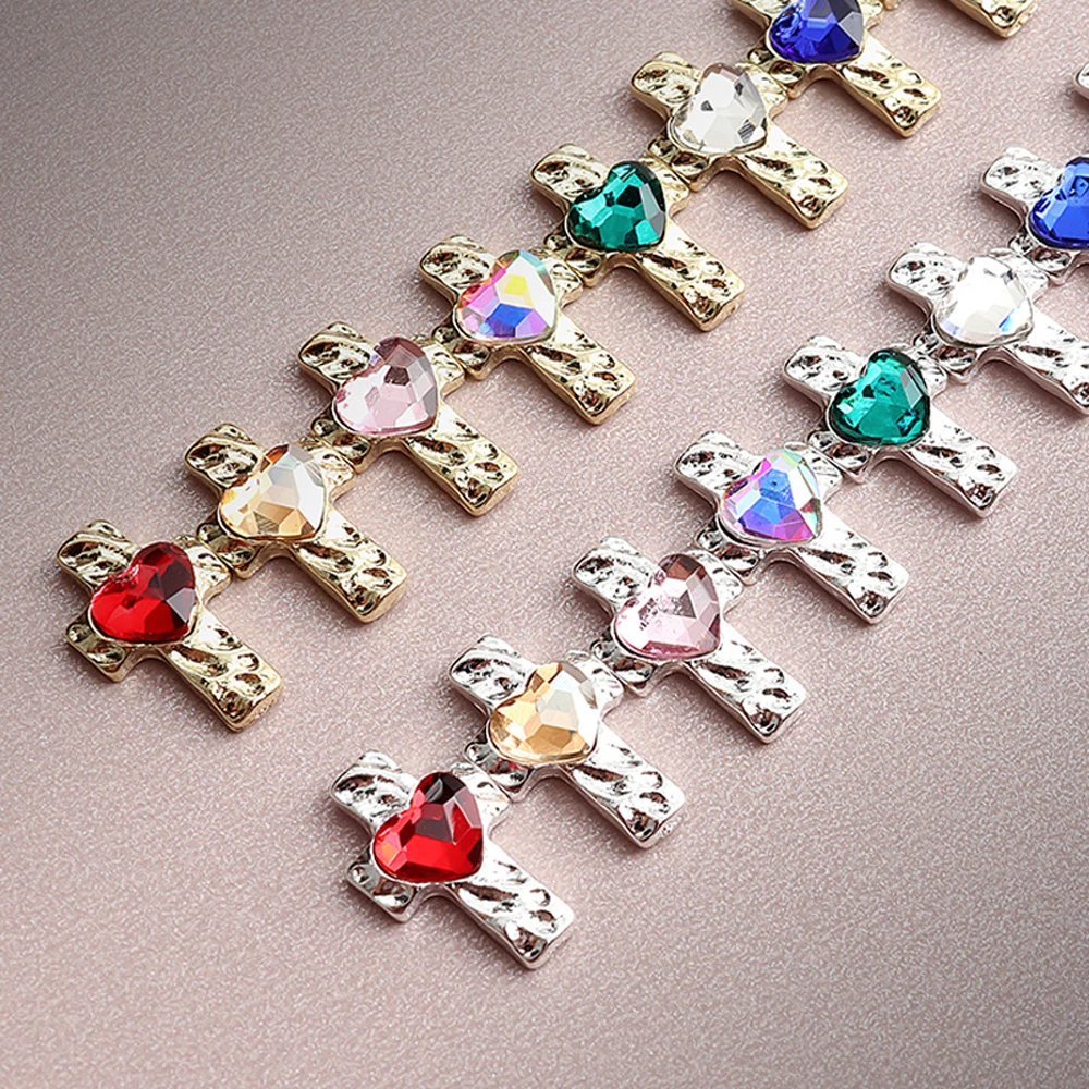 

10pcs Gold Silver Alloy Cross Heart Crystal Nail Art Rhinestone Cross Wing Love Heart Crystal Nail Jewelry Luxury Nail Parts