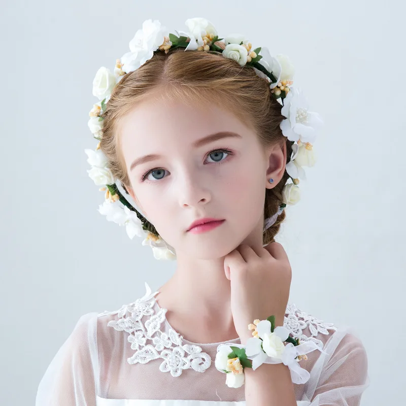 

New Girls Pearl Crystal Bridal Flower Wreath Wedding Flower Crown with Wristband