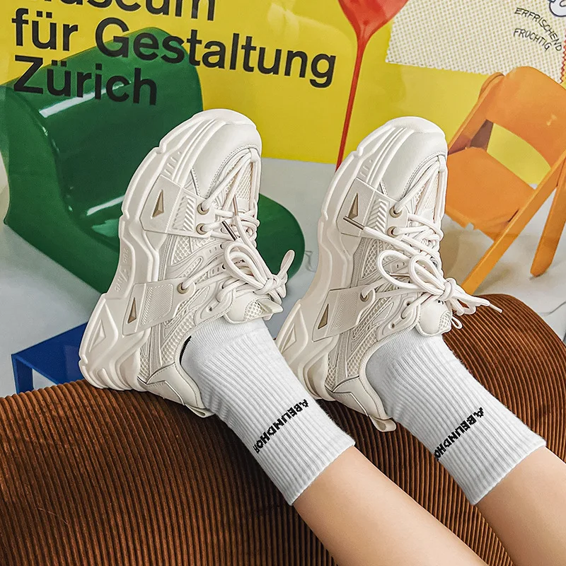 Platform Sneakers Women Patchwork Mesh Breathable Round Toe Mixed Color Lace-Up Soft Chunky Sole Ladies Trainers