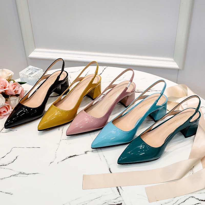 

2022 Concise Pump Back Strap Office Lady Shoes heels Pointed Toe Hollow Sandals Patent leather thick heel Shallow Women's shoes