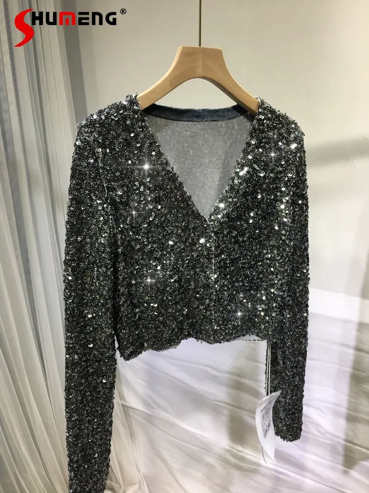 Heavy Embroidery Sequins Coat Women's Short Spring and Autumn Versatile Outer Tops Long Sleeve Shiny Slimming Jacket