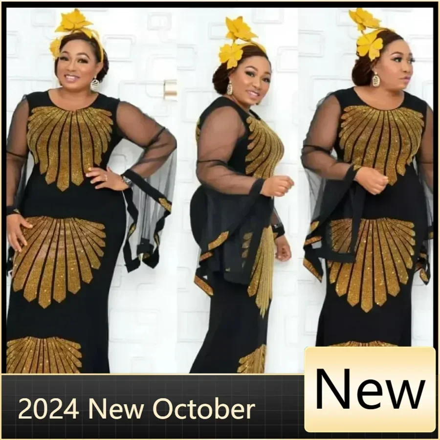 Африканское платье для мамы модное газовое с роговыми рукавами и горячими