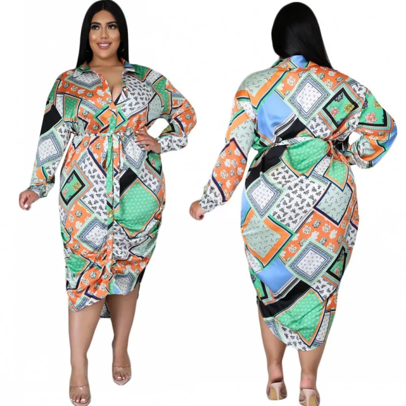 

5XL Plus Size Long Sleeve Shirt Dress Women 2022 Spring New Fashion Print Pleated Asymmetric Midi Dress Casual Blouse Vestidos