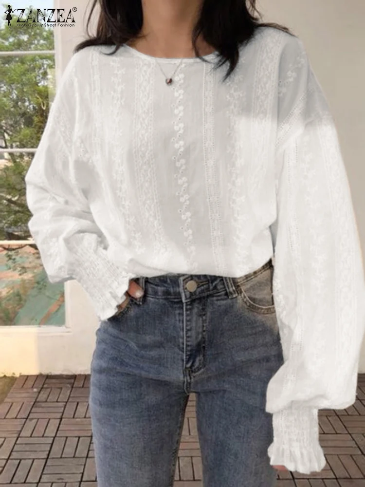 

ZANZEA Women Elegant Solid Shirt Fashion Embroidery Lace Tops 2022 Spring Autumn Oversize Long Sleeve Blouse Casual Retro Blusas