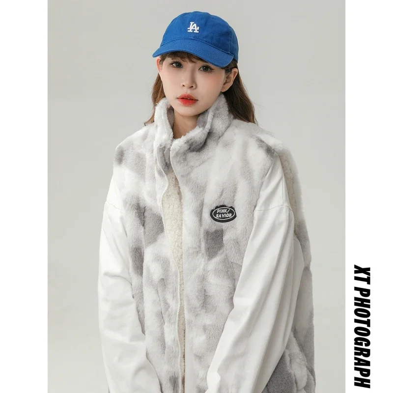 

2023 Man Winter Waistcoat Tie Dye Zipper Jacket Warm Thickening Loose and Comfortable Lamb Plush Fluffy Waistcoat Couples Dress