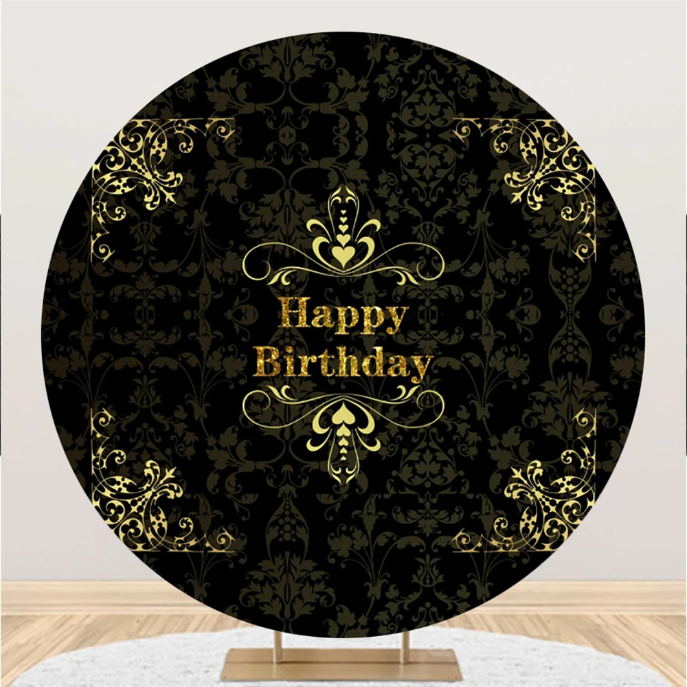 

Black Round Background Golden Glitter Flower Crown Streamer Circle Birthday Backdrop Party Decoration Photo Booth Poster