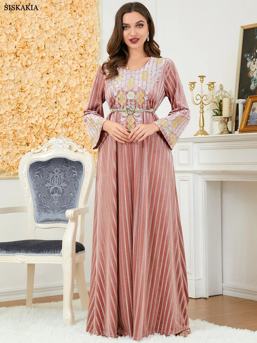 

Morocco Abaya's Velvet Embroidery O-Neck Long Sleeve Maxi Dress Belted Kaftan Muslim Oman Qatar Turkey Prom Dresses Ramadan