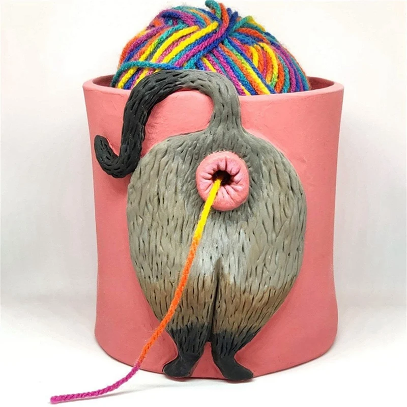 Корзина для вязания крючком из пряжи Cat Yarn Bowl Художественное оформление с отверстием, держатель для пряжи и дозатор C