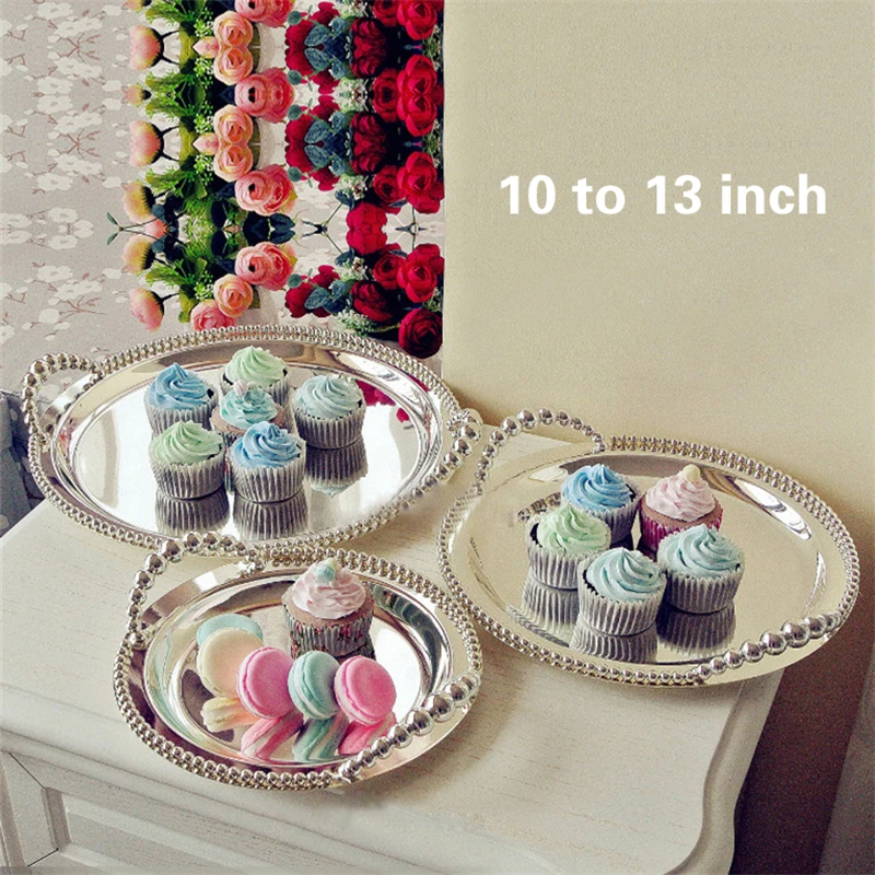 

European style round metal silver plated tray dessert cake afternoon tea fruit cake tray display rack baking accessories