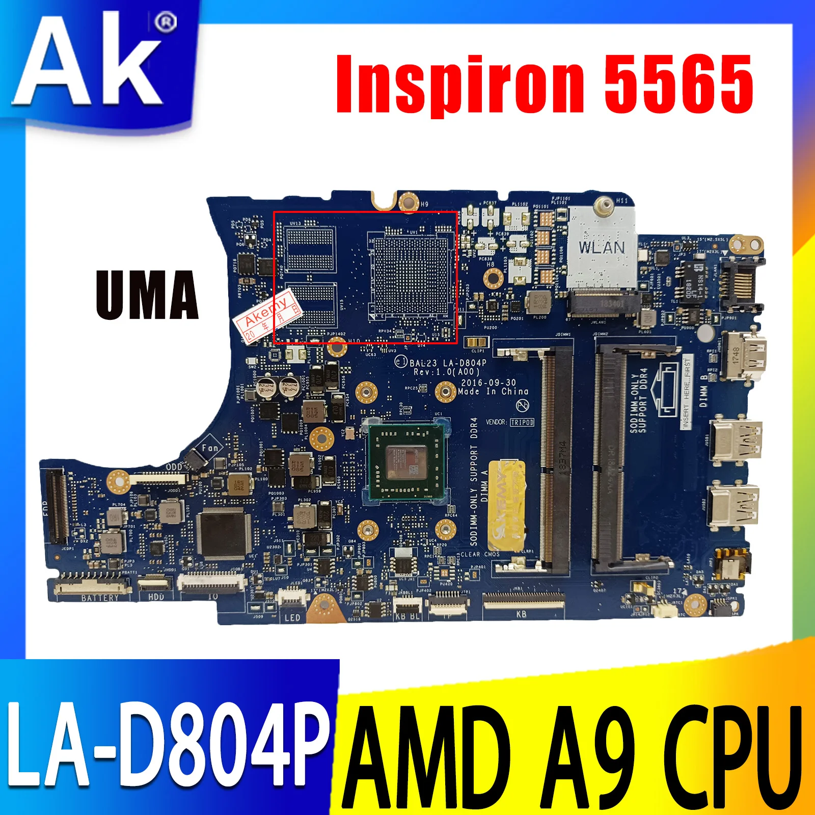 For DELL Inspiron 5565 Notebook Mainboard LA-D804P 0KF2J6 DDR4 Laptop Motherboard AMD A9 CPU CN-0KF2J6 CN-0MYX0F
