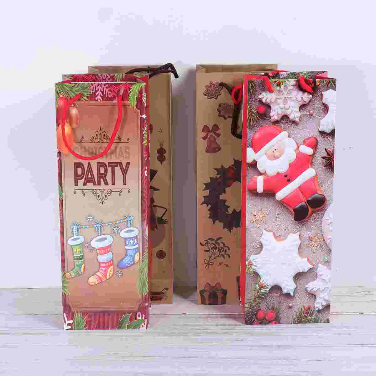 

4 Christmas Bottle Gift Bags Kraft Paper Single Bottle Vintage Christmas Presents Packs Carrier Bag for Holiday Party Favor
