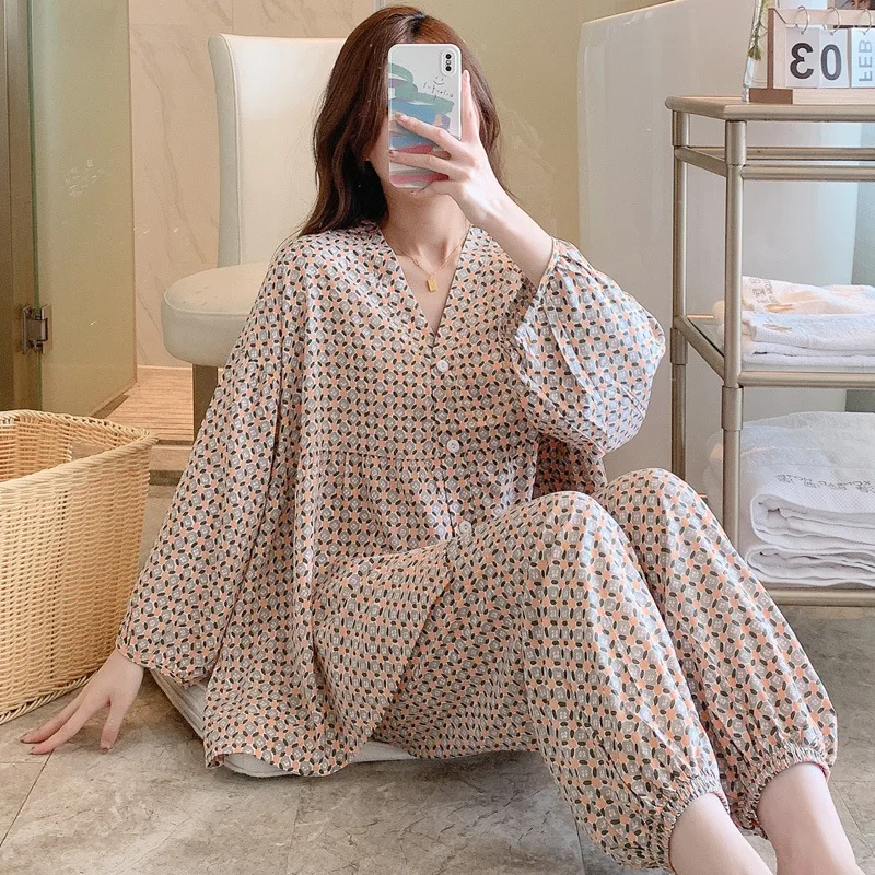 

Summer Spring Japanese Sleepwear Long-sleeved Cotton Silk Pajamas Suit Thin Casual Home Wear Women Girls Large Size Pajama Sets