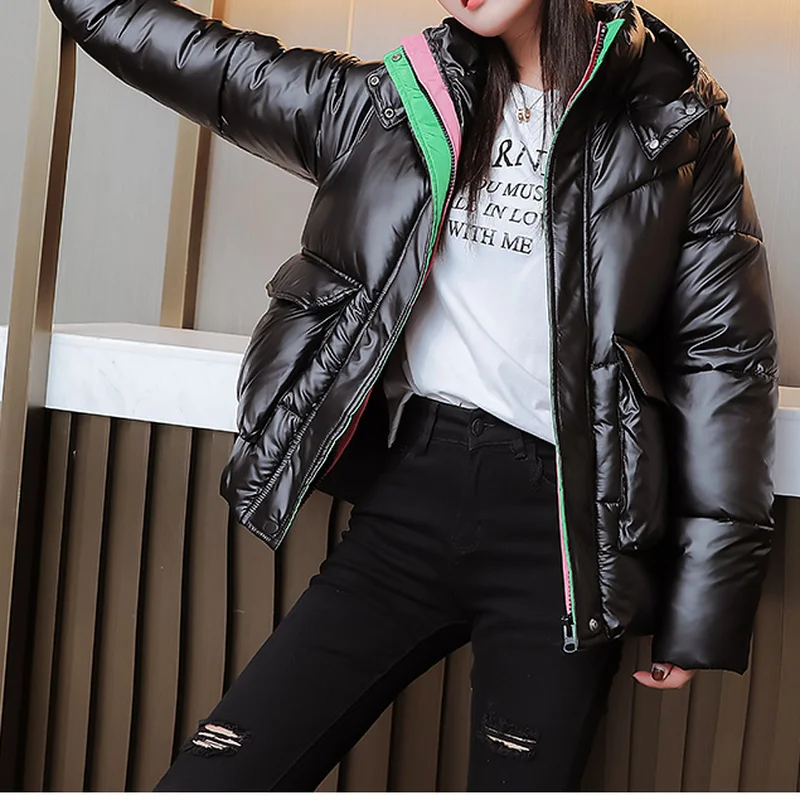 Glossy Cotton Thickening Jackets Female Short Outerwear Winter Loose Korean Women's Coats Bread Clothes Color Match Overcoat New