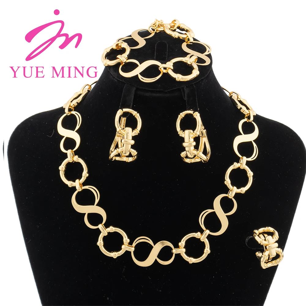 

YM18K Gold Plated Jewelry Set Dubai Luxury Design Necklace Geometry Earring For Women Bracelet Earring Adjustable Ring Accessory