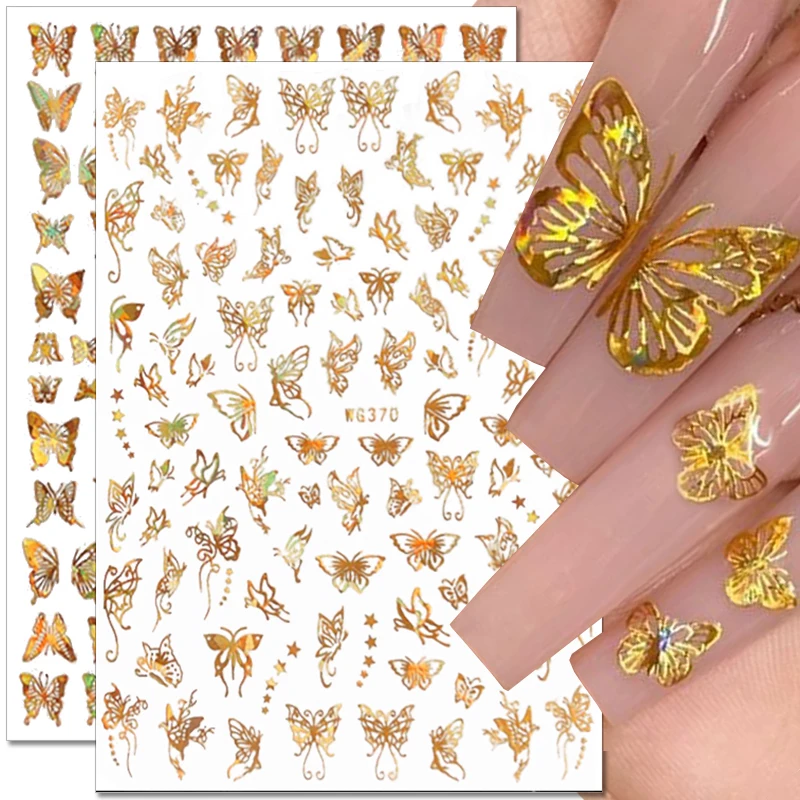 1 Sheet Laser Butterfly Gold Silver Black White Nail Stickers 3D Holographic Hollow Out Butterflies Decals Art Decotaion