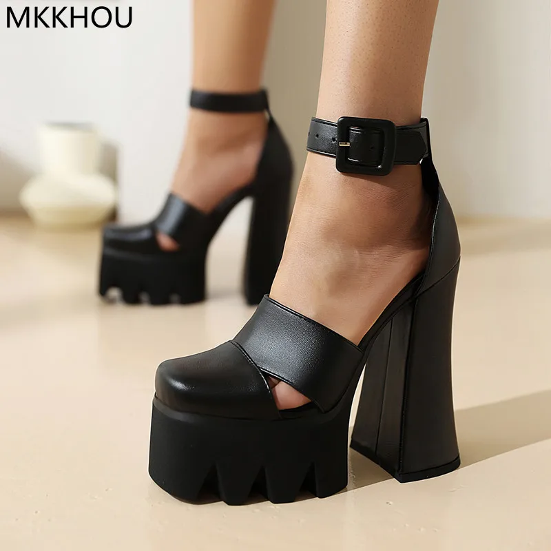 

Модные сандалии MKKHOU, женские новые черные туфли на толстой платформе, супер высокий каблук 15 см, Летняя женская обувь