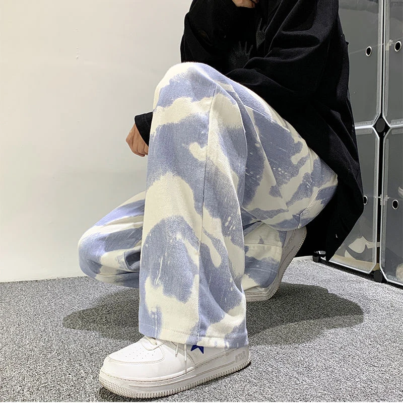 Vintage Distressed Tie Dye Baggy Jeans Male Wide Leg Pants Men Streetwear Retro Oversize Denim Trousers Casual Hip Hop Clothing