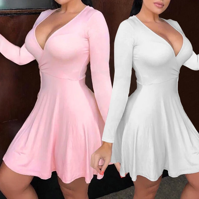 

Women Long Sleeve Dress Sexy V Neck Pleated A line Dress Elegant Mini Dress Solid Color Party Clothes