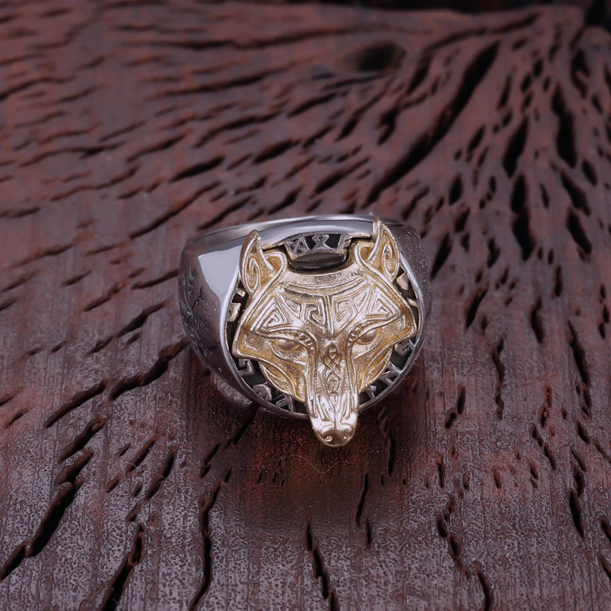 Викинг креативный дизайн золотого цвета кольцо с рунической головой волка