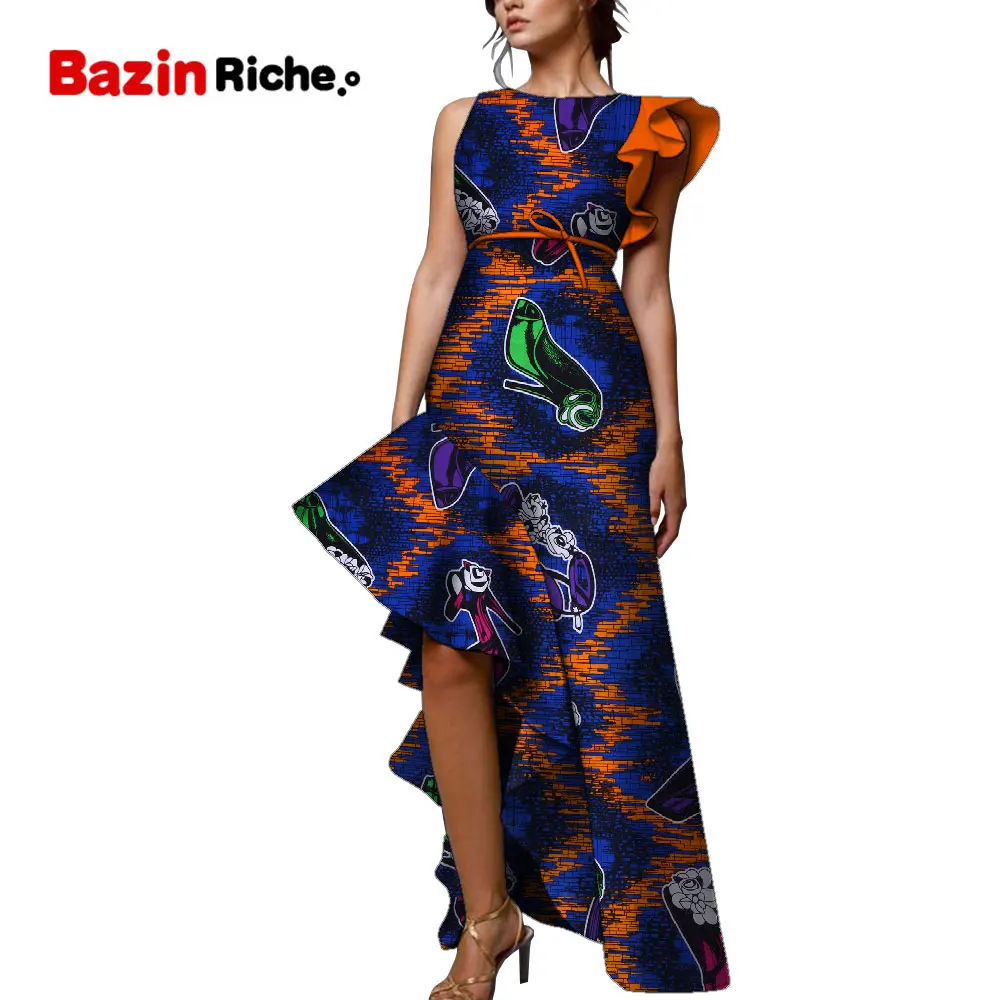 

African Clothing Styles Fashion Modern Mermaid Maxi Print Dress Petal Sleeve Asymmetrical Ankara Dashiki Party Longuette WY9221