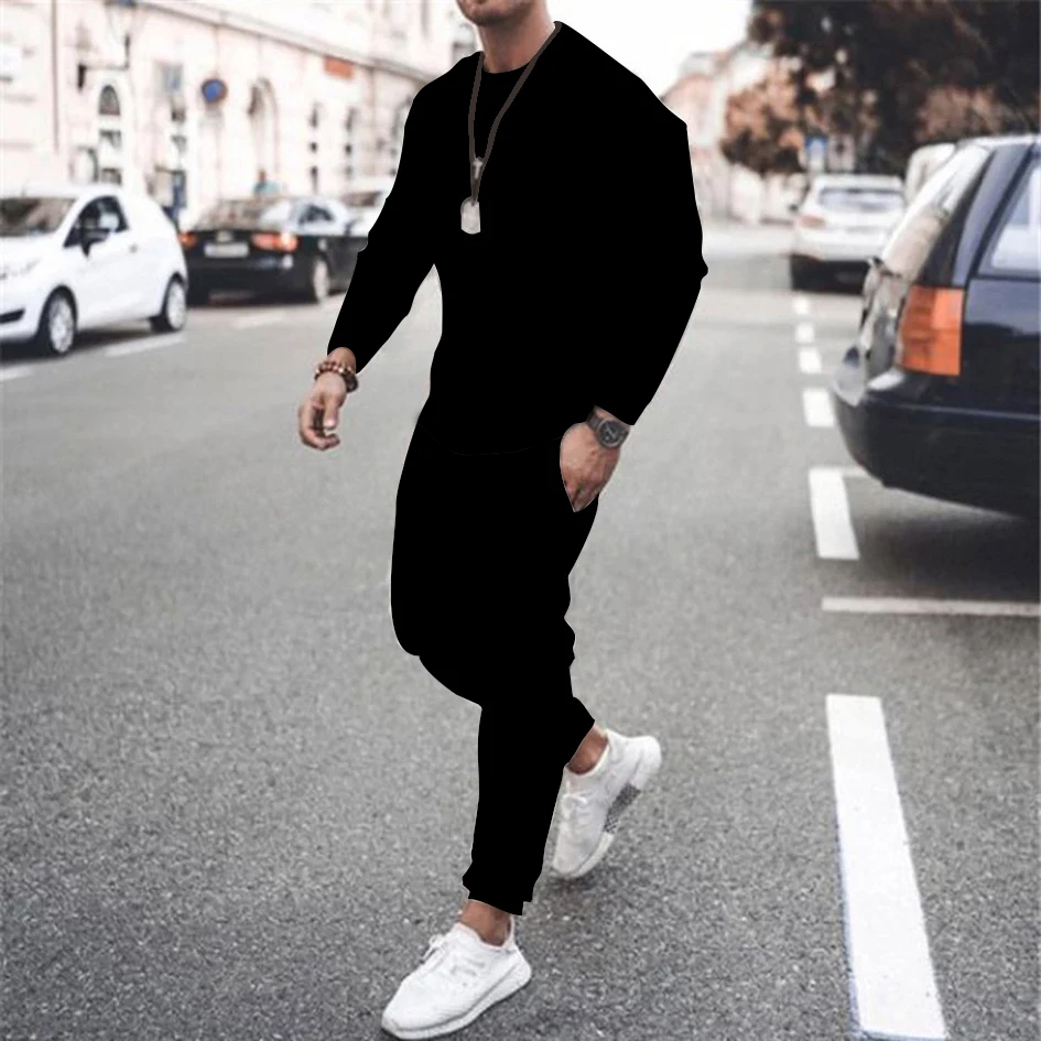 

Men's Casual Fashion Spring Workout Sportswear Oversized Black Long Sleeve T-shirt + Shorts Solid Color 2 Piece Set Men Clothing