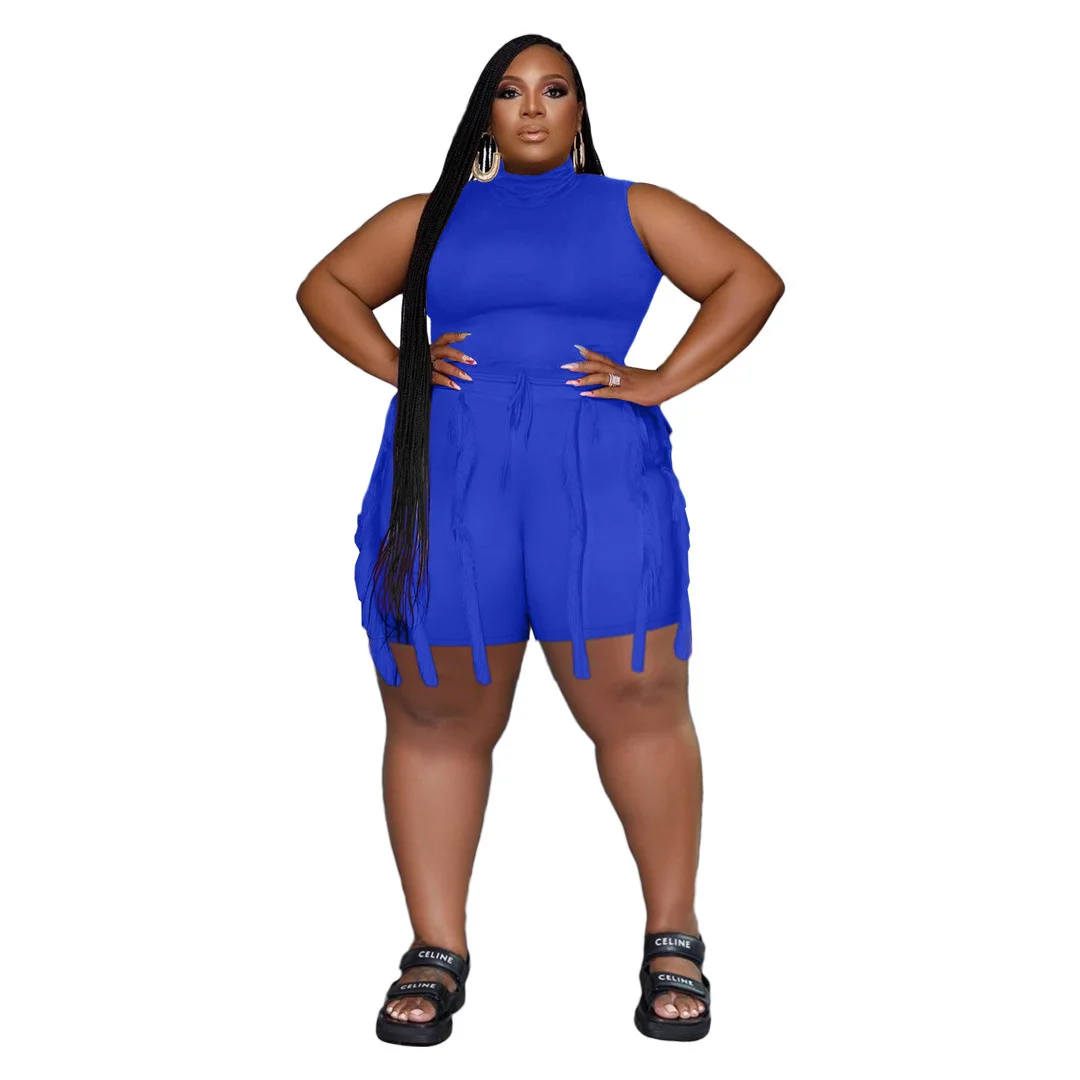 Two-piece Sets Plus Size Women Tassel Shorts Sleeveless Tops Fashion Casual Large Size Solid Color Two-piece Female 2023 Summer
