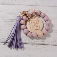 2022 new mama bracelet keychain for women tassel wristband bag pendant accessory leopard print wood bead keyring mother day gift