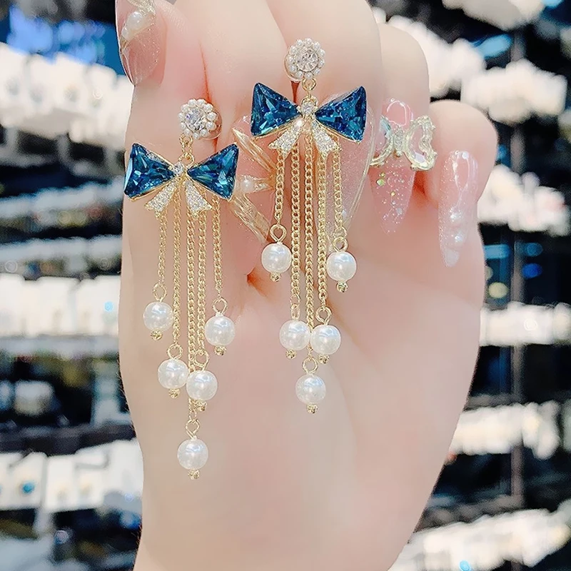 

Rimiut Long Dangle Earrings for Women 2022 Fashion Full Crystal Simulated Pearl Tassel Drop Earring Wedding Party Jewelry Gift