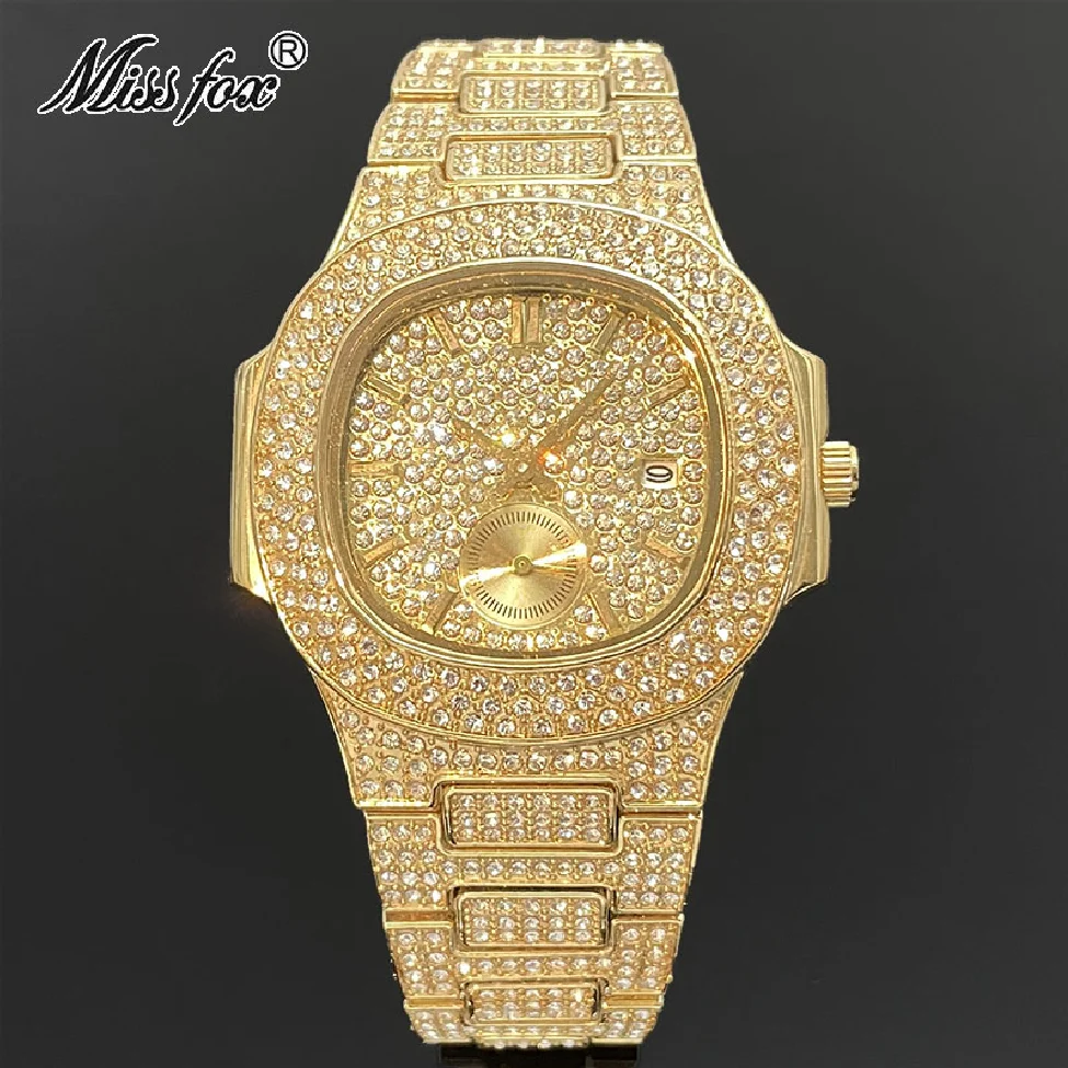 

Новые модные мужские кварцевые наручные часы, Роскошные водонепроницаемые часы со стразами, Мужские автоматические часы из нержавеющей стали с датой, бесплатная доставка