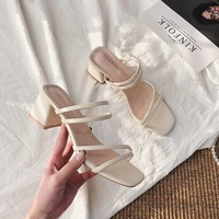 women sandals 2022 sexy square heels summer shoes women slippers cross tied leather female slides open toe roman ladies sandals