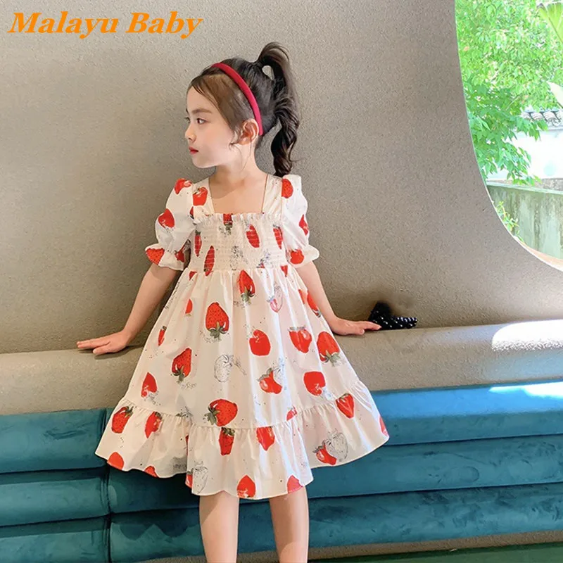 

MALAYU BABY Elegant Girl Dress 2022 Summer New Cute Girls Fruit Print Ruffle Princess Dresses 2-7 Years Fashion Child Clothing