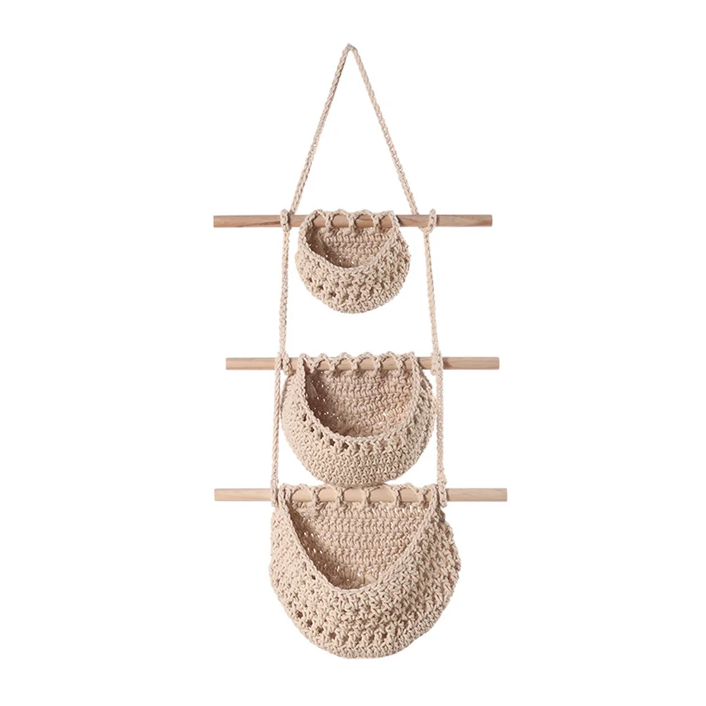 

Basket Hanging Fruit Baskets Tier Storage Macrame Wall Vegetableproduce Wovenorganizer Rope Decor Kitchen Three Holder Bohemian