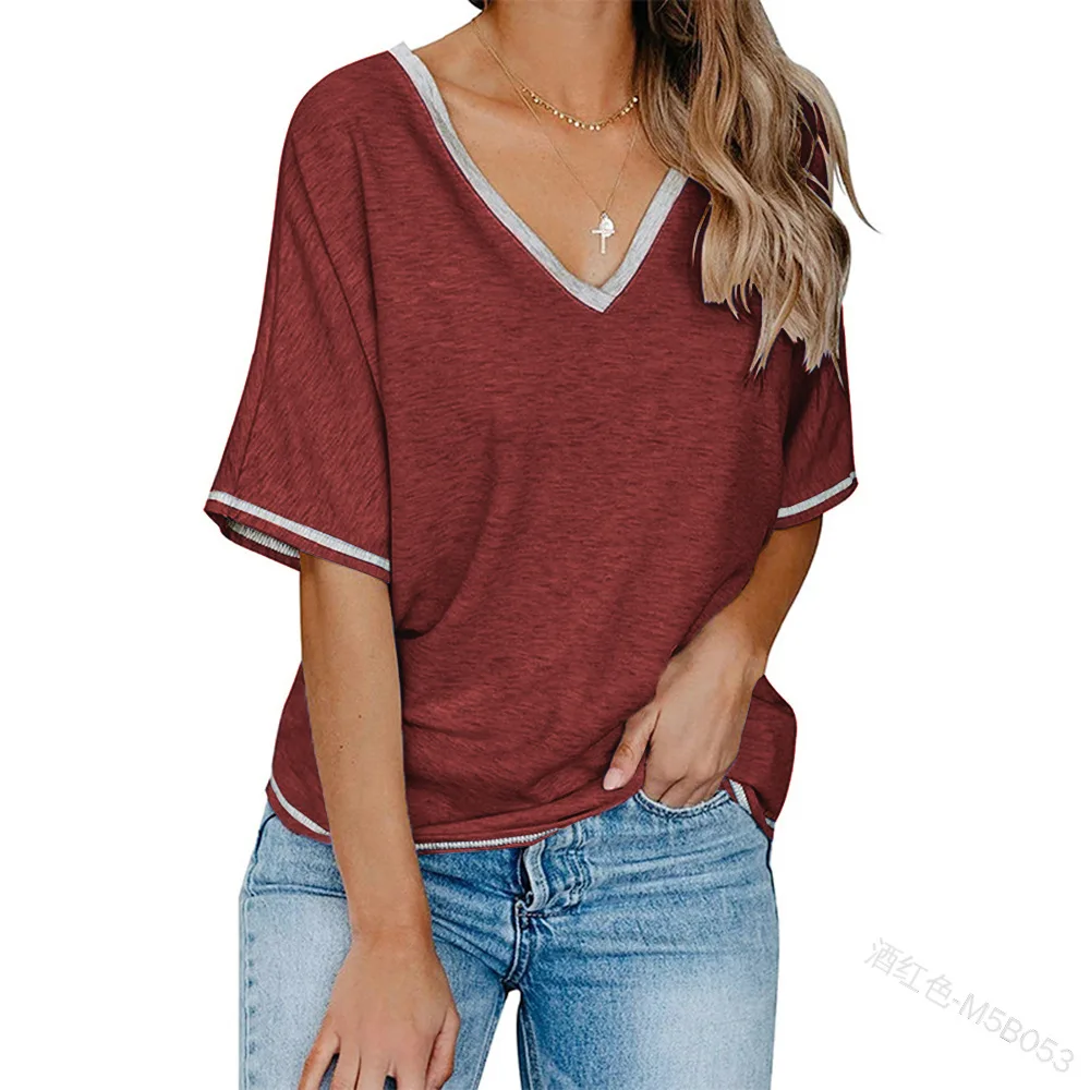 

2022 Spring Summer Loose New Fashion Casual V-neck Short-Sleeved T-shirt Tee Top Solid Color Women T Shirts