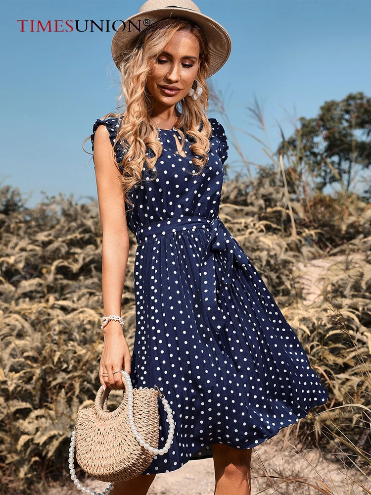 

Женское платье в стиле бохо с высокой талией и принтом в горошек, элегантное летнее сарафан на шнуровке, модное плиссированное платье 2022 год...